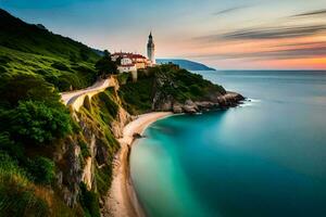 une magnifique le coucher du soleil plus de le océan et une phare. généré par ai photo