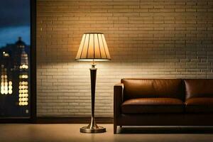 une lampe est séance sur une table dans de face de une canapé. généré par ai photo