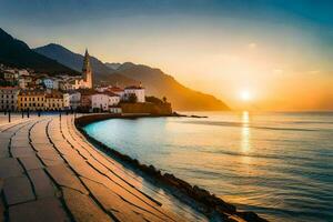 le Soleil ensembles plus de le mer et le ville de Kotor. généré par ai photo