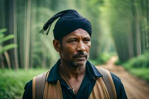 une homme dans une turban permanent dans le milieu de une forêt. généré par ai photo