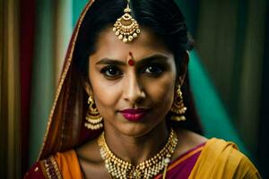 un Indien femme portant bijoux et une sari. généré par ai photo