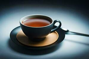 une tasse de thé sur une soucoupe avec une cuillère. généré par ai photo