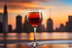 une verre de du vin avec une ville horizon dans le Contexte. généré par ai photo