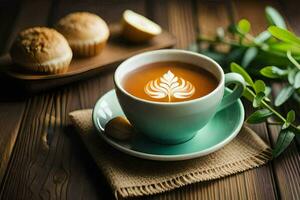 une tasse de thé avec une feuille conception sur le Coupe. généré par ai photo