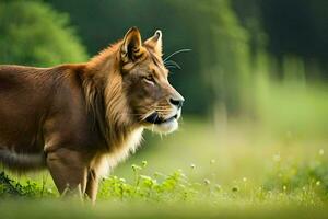 une Lion est permanent dans le herbe. généré par ai photo