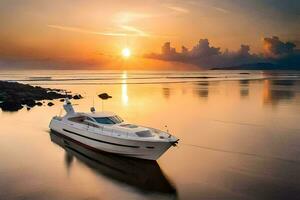 une yacht à le coucher du soleil sur le océan. généré par ai photo