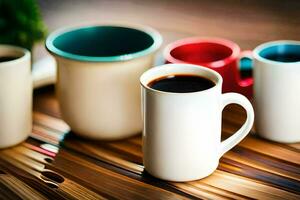 une variété de café tasses et des tasses sur une tableau. généré par ai photo