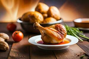 une assiette de poulet et patates sur une en bois tableau. généré par ai photo