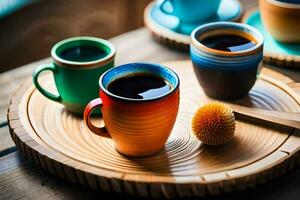 coloré tasses de café sur une en bois plateau. généré par ai photo