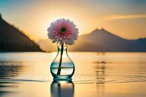 une fleur dans une vase sur le l'eau avec montagnes dans le Contexte. généré par ai photo