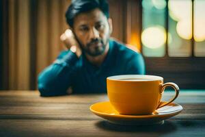 une homme séance à une table avec une tasse de café. généré par ai photo