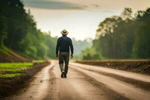 une homme en marchant vers le bas une saleté route dans le milieu de une champ. généré par ai photo