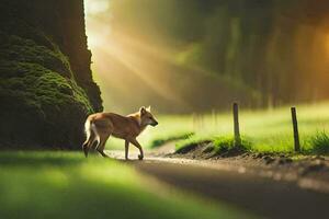 une chien en marchant vers le bas une route dans le lumière du soleil. généré par ai photo