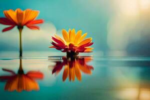 deux fleurs sont réfléchi dans le l'eau. généré par ai photo