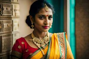 une magnifique Indien la mariée dans une Jaune sari. généré par ai photo