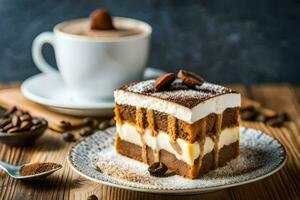 café et gâteau sur une en bois tableau. généré par ai photo