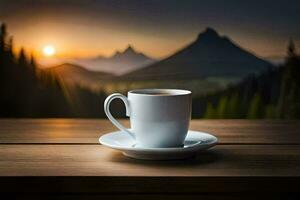 café tasse sur le table avec montagnes dans le Contexte. généré par ai photo