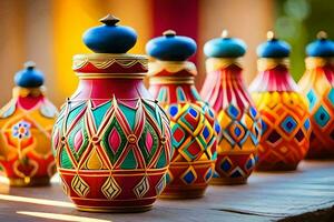 coloré des vases sont doublé en haut sur une en bois tableau. généré par ai photo