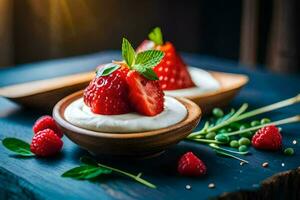 yaourt avec des fraises et menthe sur une en bois tableau. généré par ai photo