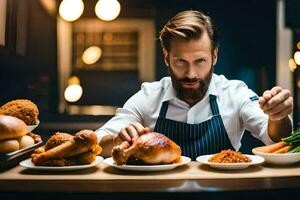 une homme dans une du chef tablier est en portant une assiette de aliments. généré par ai photo