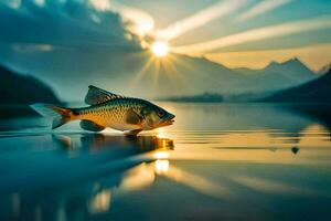 photo fond d'écran le ciel, poisson, montagnes, lac, coucher de soleil, le soleil, le montagnes,. généré par ai