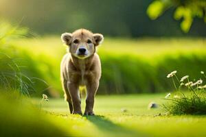 une petit chien est en marchant par une herbeux champ. généré par ai photo