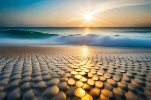 le Soleil monte plus de le océan et galets sur le plage. généré par ai photo