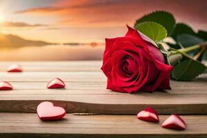 une Célibataire rouge Rose sur une en bois table avec cœurs. généré par ai photo
