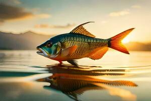une poisson est nager dans le l'eau à le coucher du soleil. généré par ai photo