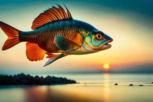 une poisson est en volant plus de le océan à le coucher du soleil. généré par ai photo