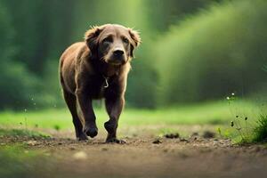 une marron chien en marchant sur une saleté route. généré par ai photo