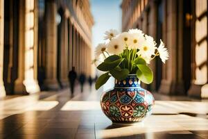 une vase avec blanc fleurs séance sur une sol. généré par ai photo