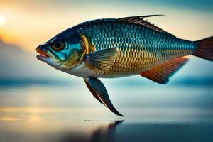 une poisson est nager dans le l'eau à le coucher du soleil. généré par ai photo