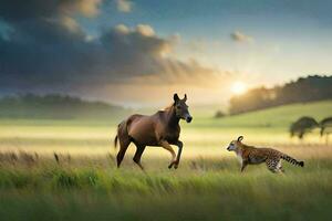 une cheval et une Renard fonctionnement dans une champ. généré par ai photo