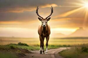 une cerf est en marchant vers le bas une saleté route. généré par ai photo