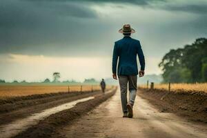 une homme dans une costume et chapeau des promenades vers le bas une saleté route. généré par ai photo