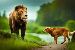 le Lion et le chien fond d'écran. généré par ai photo