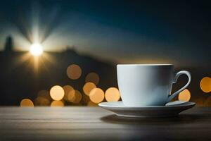 une tasse de café sur une table avec une ville dans le Contexte. généré par ai photo