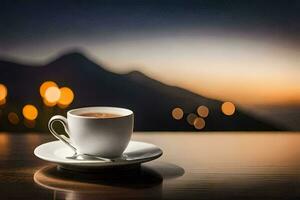 une tasse de café sur une table dans de face de une Montagne. généré par ai photo