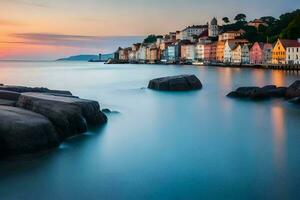 le le coucher du soleil plus de le ville de Norvège. généré par ai photo