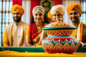 Indien mariage la cérémonie dans le ville. généré par ai photo