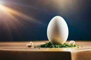 un Oeuf sur une table avec herbe et Ail. généré par ai photo