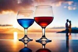 deux du vin des lunettes avec rouge et bleu liquide sur le tableau. généré par ai photo