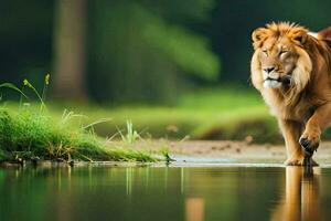 une Lion en marchant à travers une rivière dans le sauvage. généré par ai photo