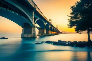 une pont couvrant le océan à le coucher du soleil. généré par ai photo