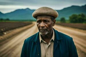 une homme dans une chapeau des stands dans le milieu de une saleté route. généré par ai photo