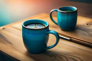 deux bleu café des tasses sur une en bois tableau. généré par ai photo