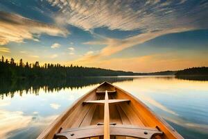 une canoë est flottant sur une calme Lac à le coucher du soleil. généré par ai photo