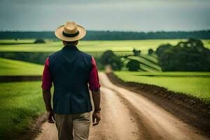 une homme dans une chapeau et gilet en marchant vers le bas une saleté route. généré par ai photo