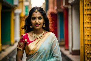 une magnifique Indien femme dans une sari. généré par ai photo